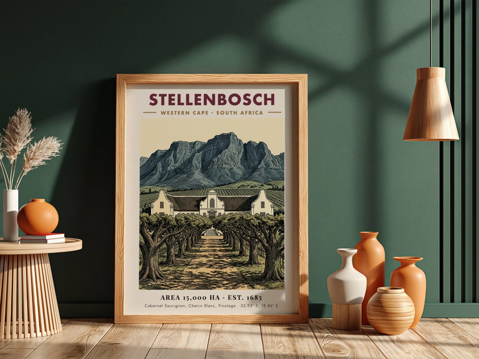 Poster featuring Stellenbosch South Africa with Cape Dutch architecture and mountains in vintage style.