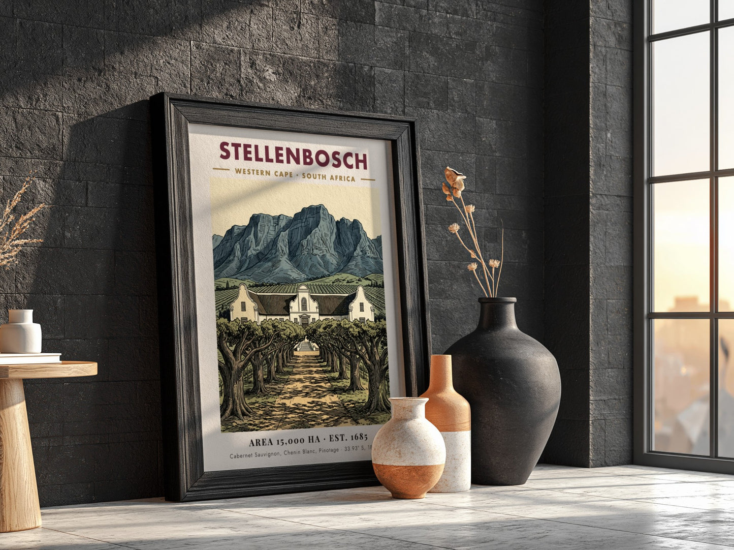 Poster featuring Stellenbosch South Africa with Cape Dutch architecture and mountains in vintage style.