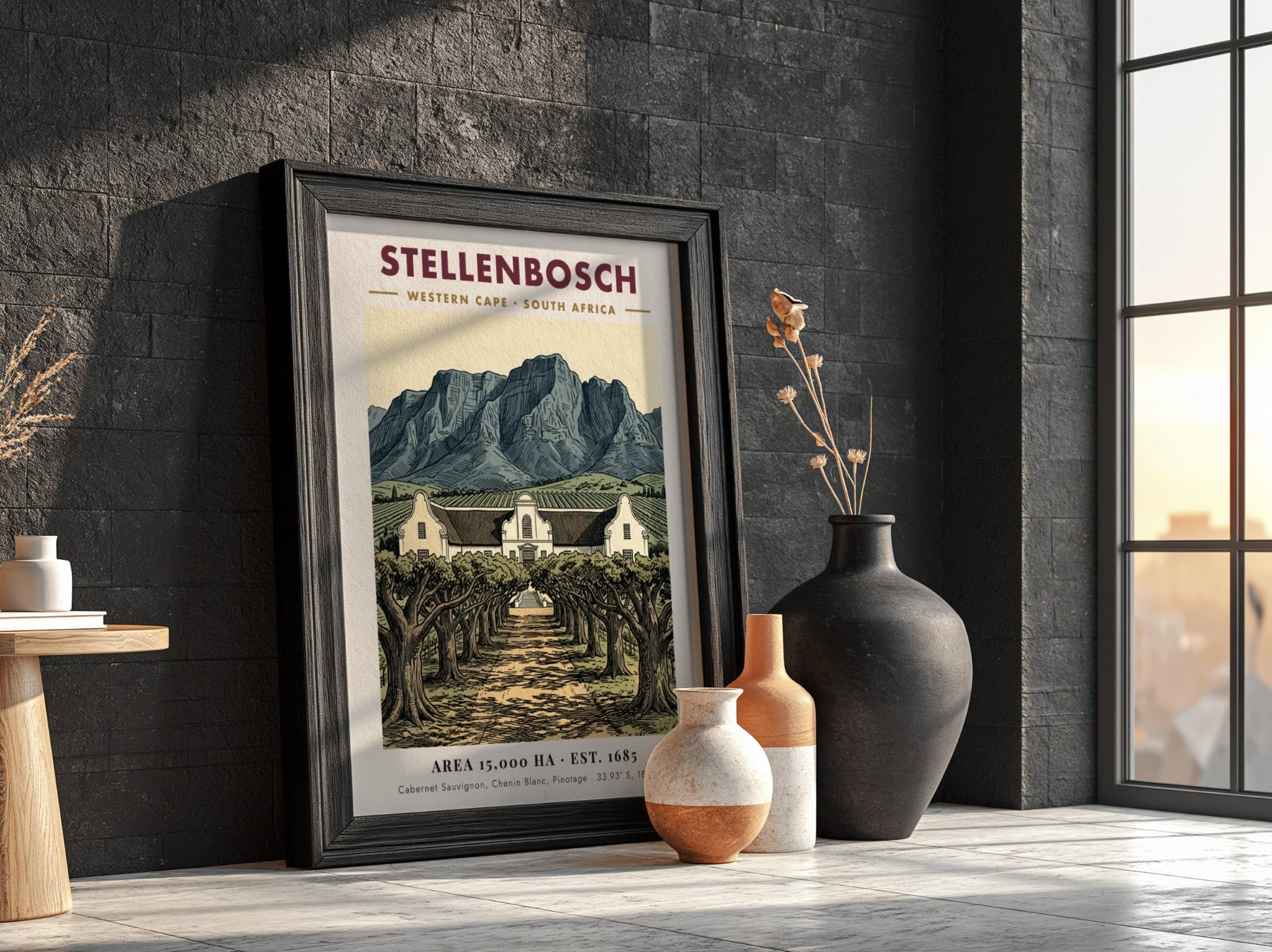 Poster featuring Stellenbosch South Africa with Cape Dutch architecture and mountains in vintage style.