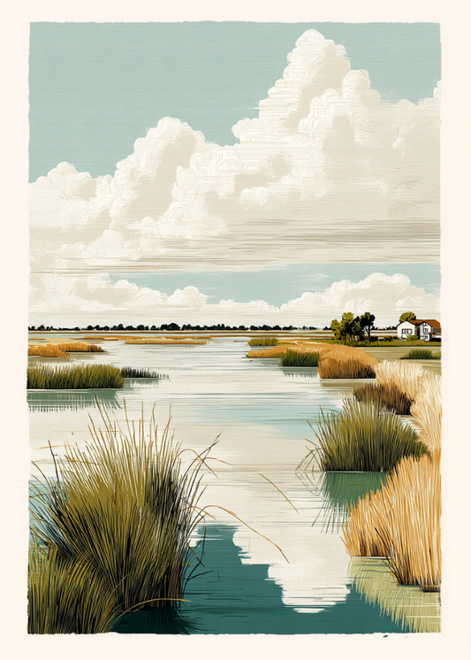 Scenic landscape with water, reeds, and a house under a cloudy sky.