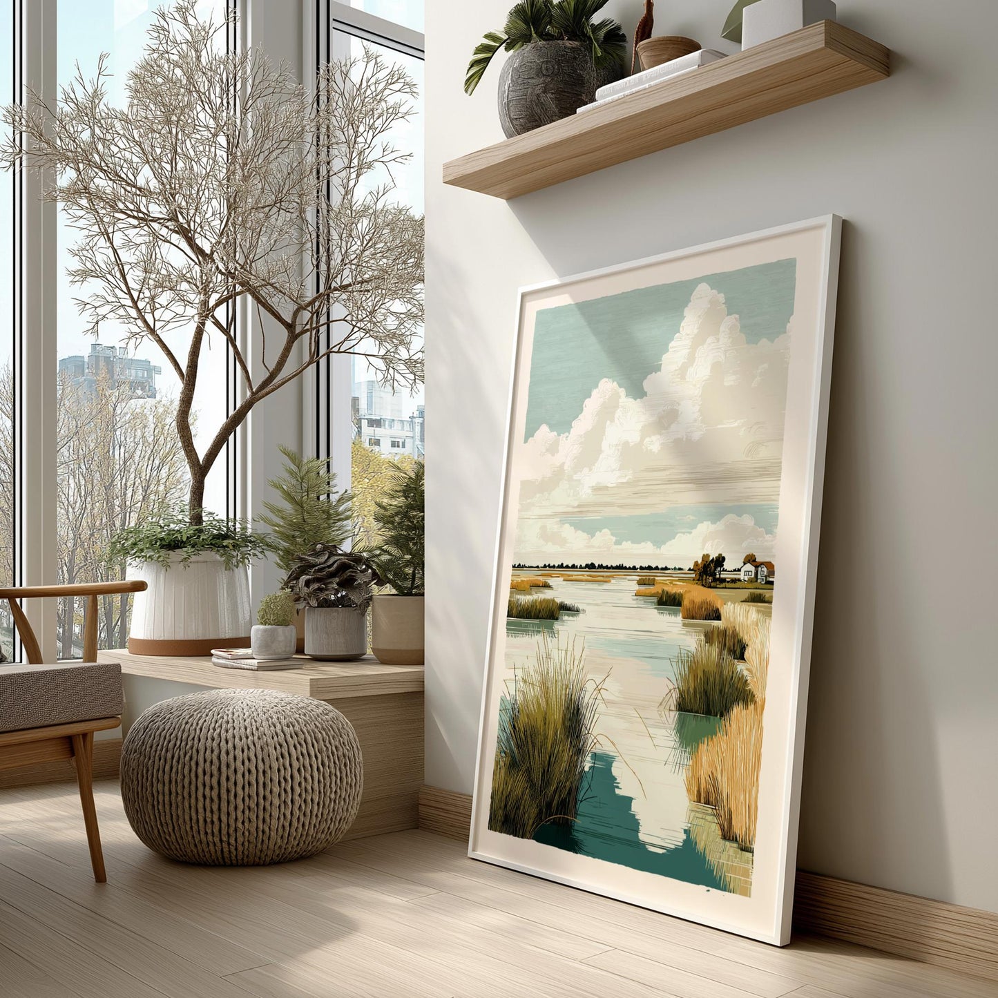 Framed artwork of a landscape with water and sky, placed on a wall in a room with plants and furniture.