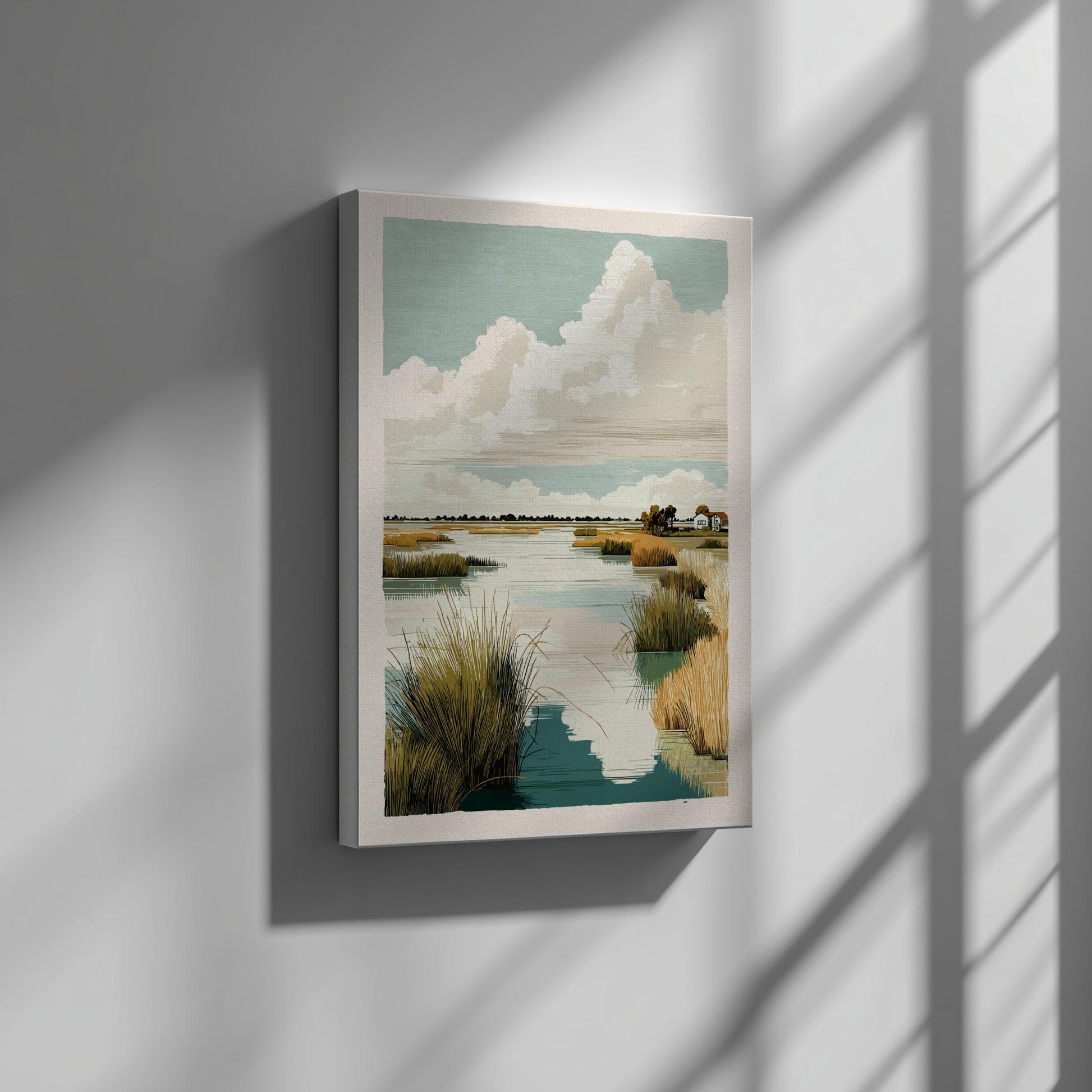 Canvas artwork of a landscape with water and clouds on a wall.