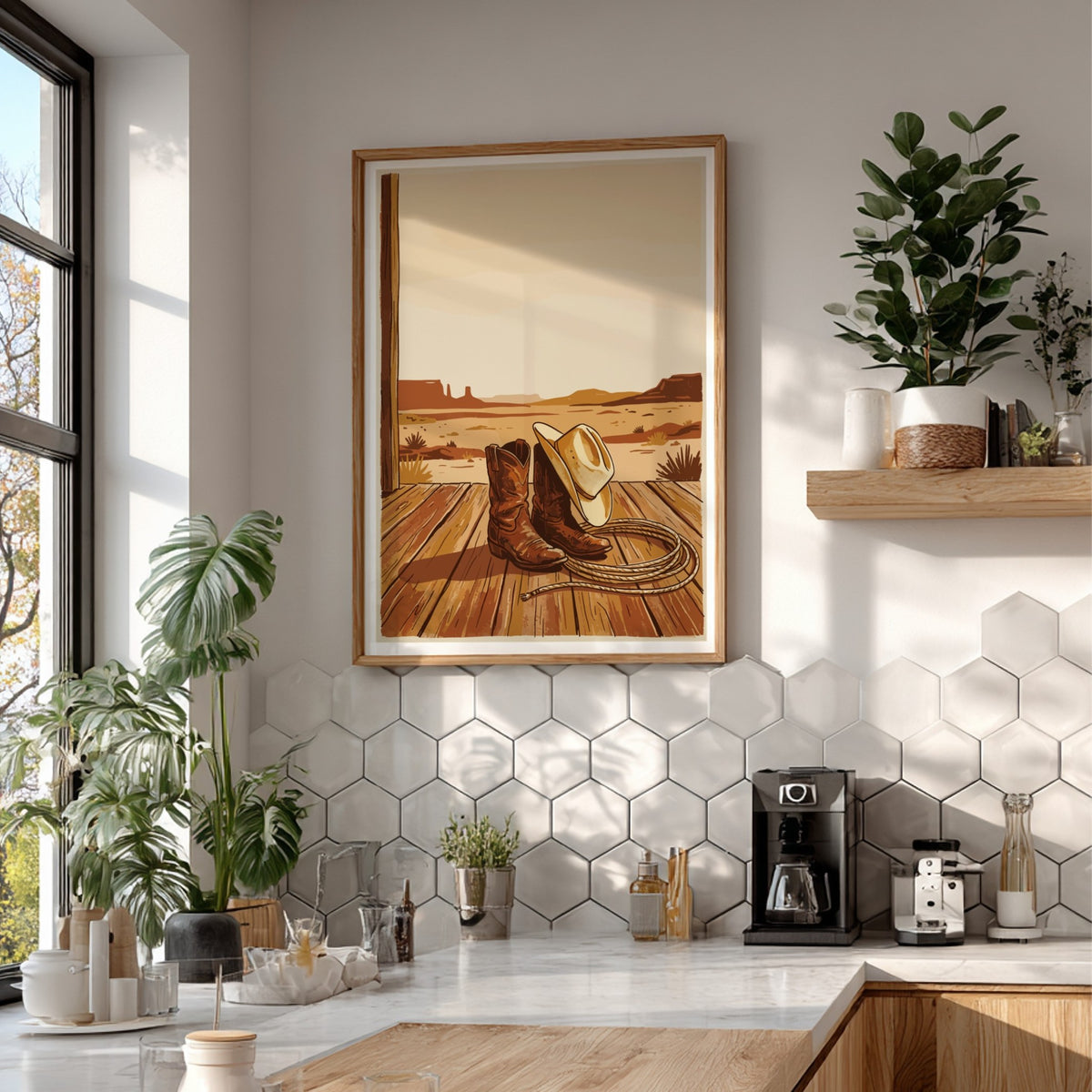 Western cowboy still life poster featuring leather boots, a lasso, and hat on wooden porch