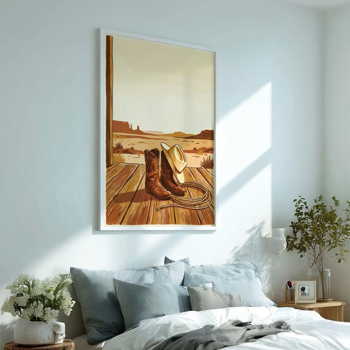 Western cowboy still life poster featuring leather boots, a lasso, and hat on wooden porch