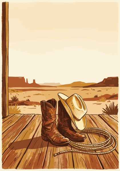 Western cowboy still life poster featuring leather boots, a lasso, and hat on wooden porch