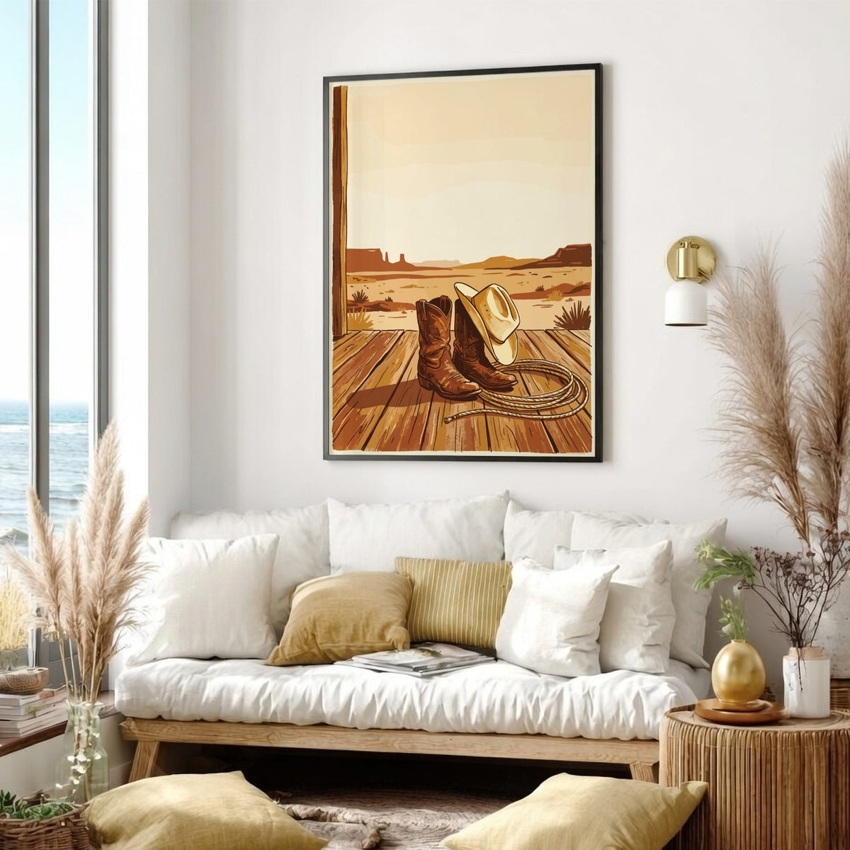 Western cowboy still life poster featuring leather boots, a lasso, and hat on wooden porch