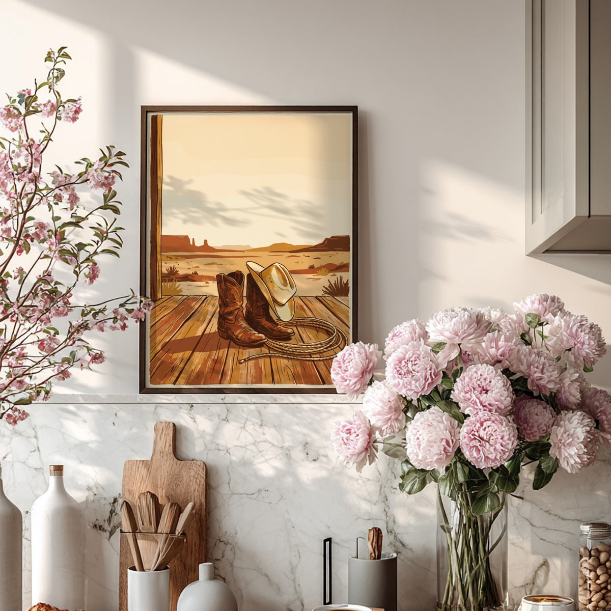 Western cowboy still life poster featuring leather boots, a lasso, and hat on wooden porch