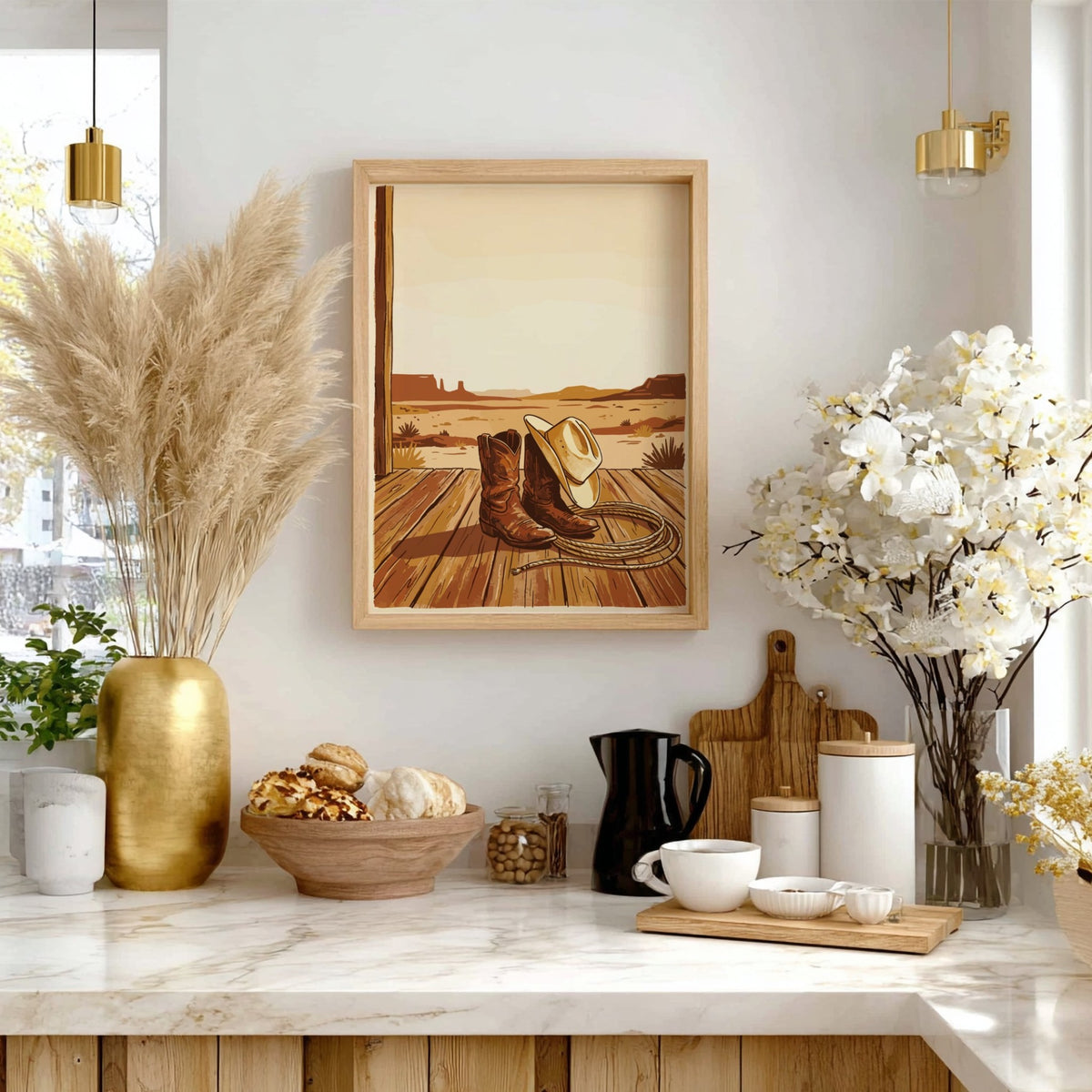Western cowboy still life poster featuring leather boots, a lasso, and hat on wooden porch