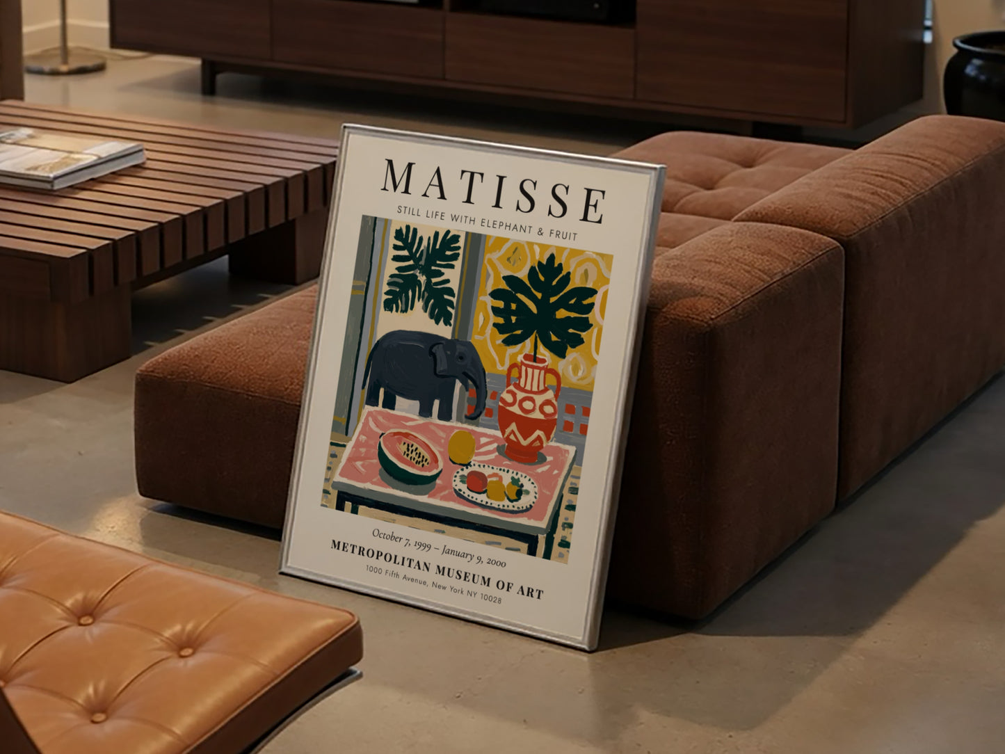 Henri Matisse poster featuring a colorful still life with an elephant, vibrant fruit, and bold patterns.