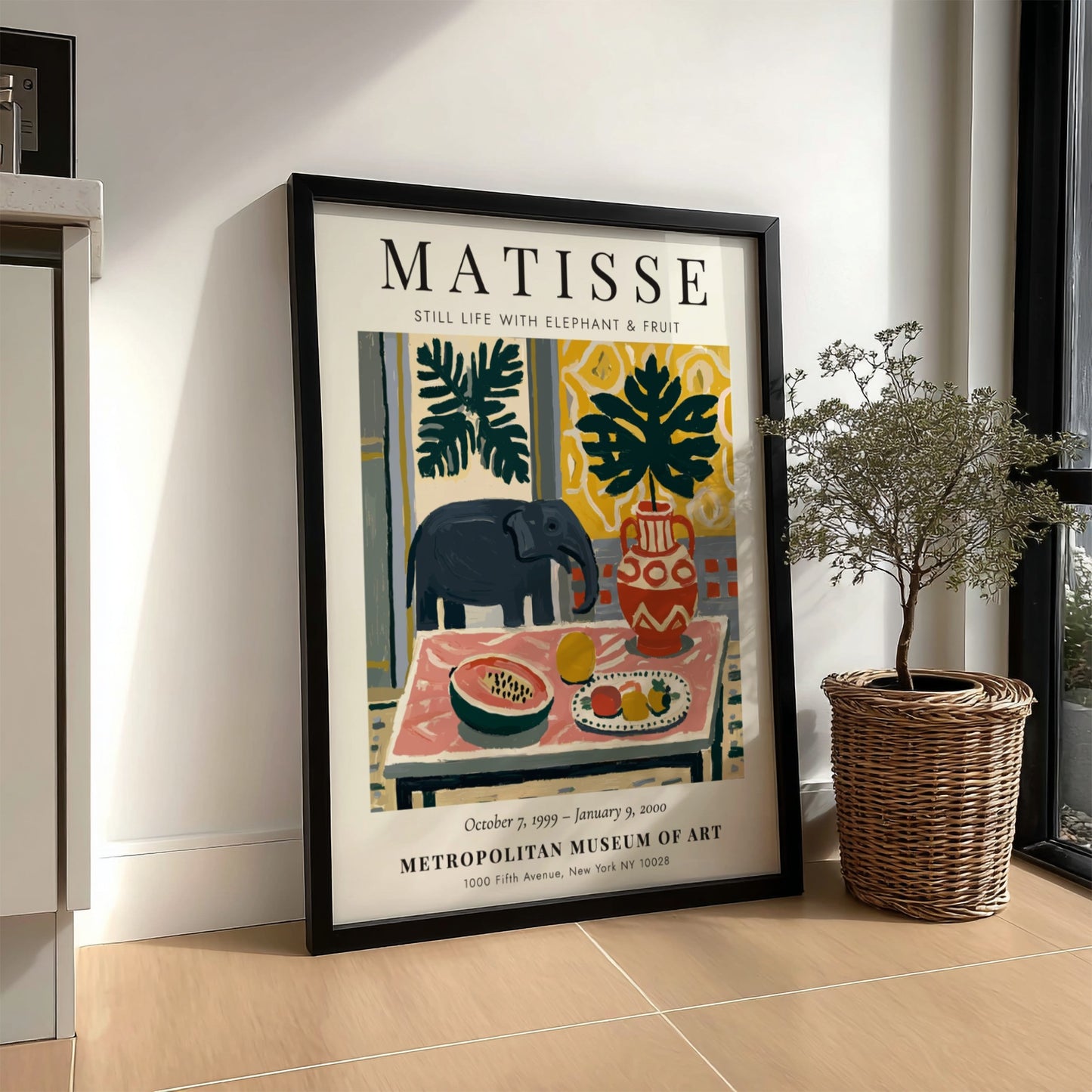 Henri Matisse poster featuring a colorful still life with an elephant, vibrant fruit, and bold patterns.