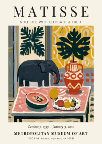 Henri Matisse poster featuring a colorful still life with an elephant, vibrant fruit, and bold patterns.