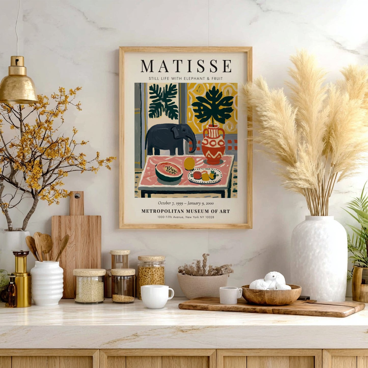 Henri Matisse poster featuring a colorful still life with an elephant, vibrant fruit, and bold patterns.