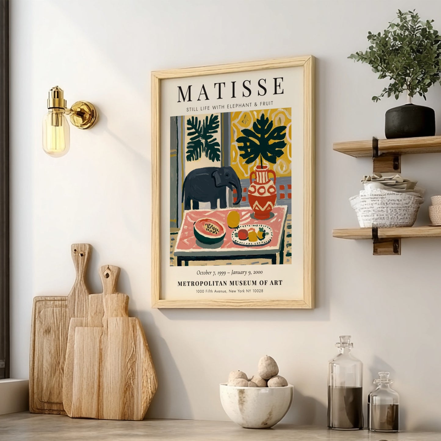 Henri Matisse poster featuring a colorful still life with an elephant, vibrant fruit, and bold patterns.