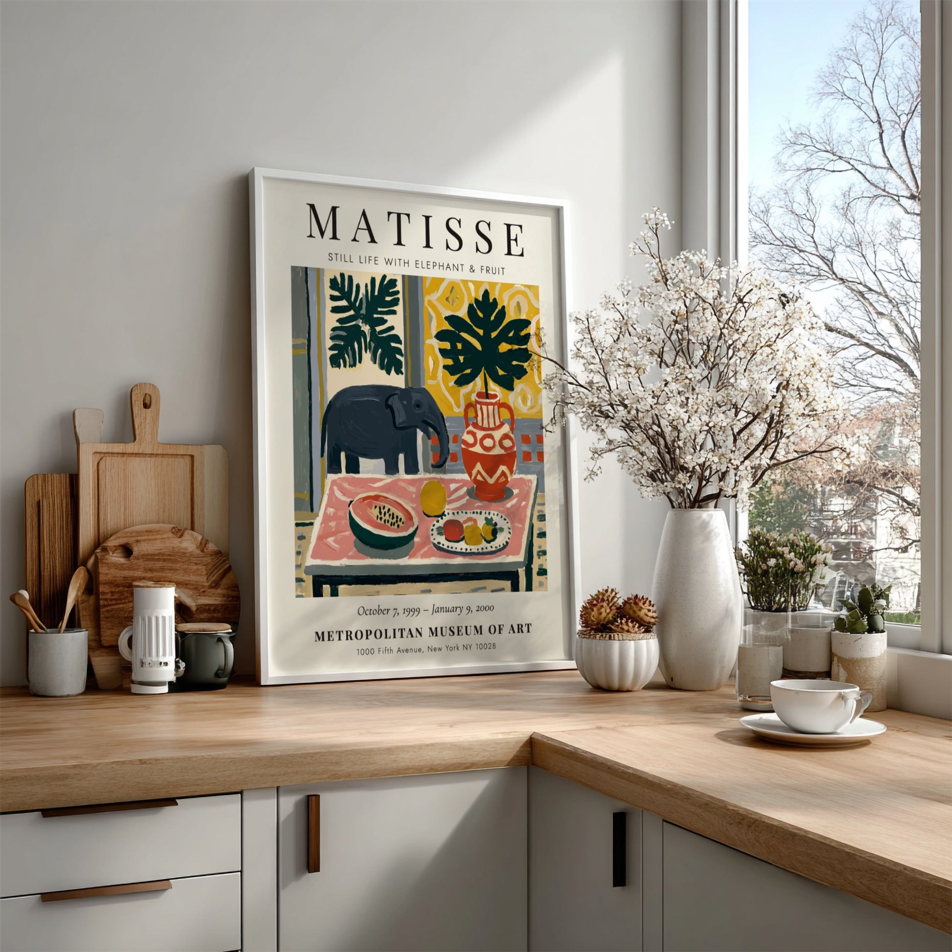 Henri Matisse poster featuring a colorful still life with an elephant, vibrant fruit, and bold patterns.