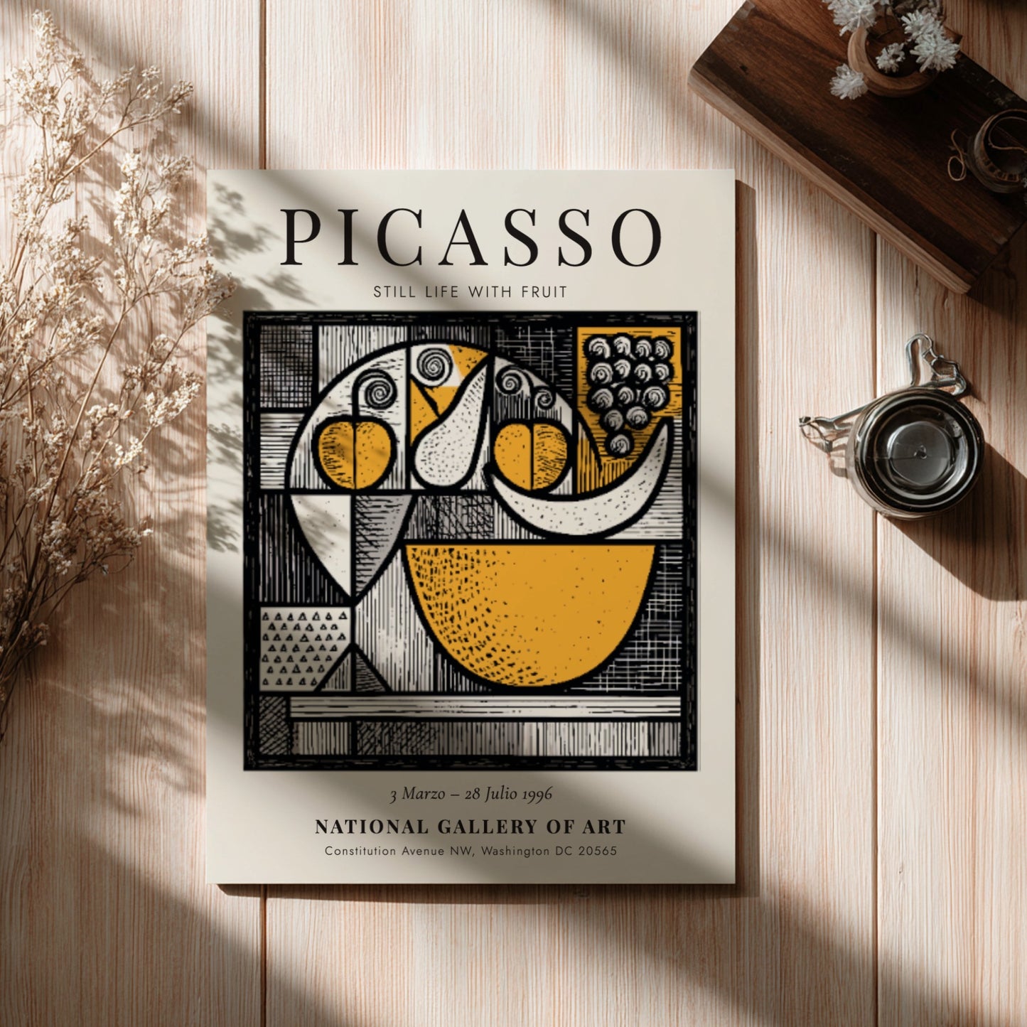 Picasso inspired poster featuring a still life with fruit in vibrant colors and modern style