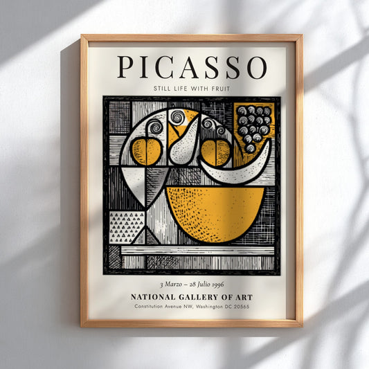 Picasso inspired poster featuring a still life with fruit in vibrant colors and modern style