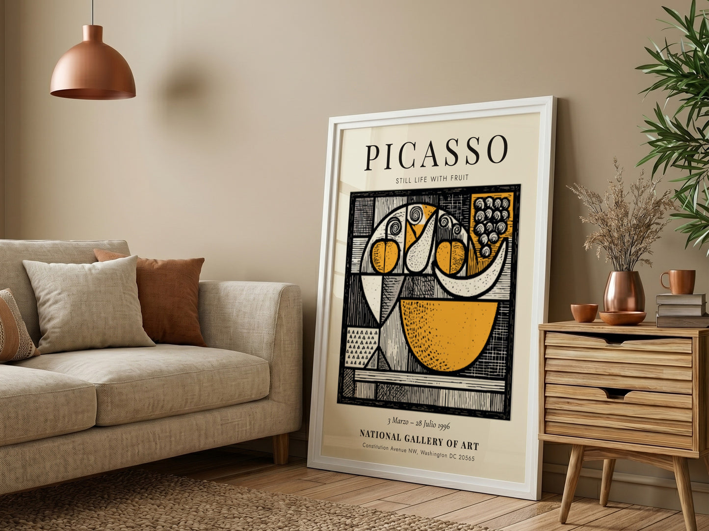 Picasso inspired poster featuring a still life with fruit in vibrant colors and modern style