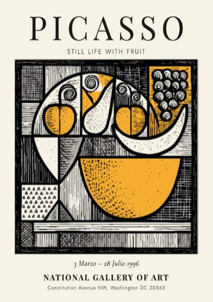 Picasso inspired poster featuring a still life with fruit in vibrant colors and modern style