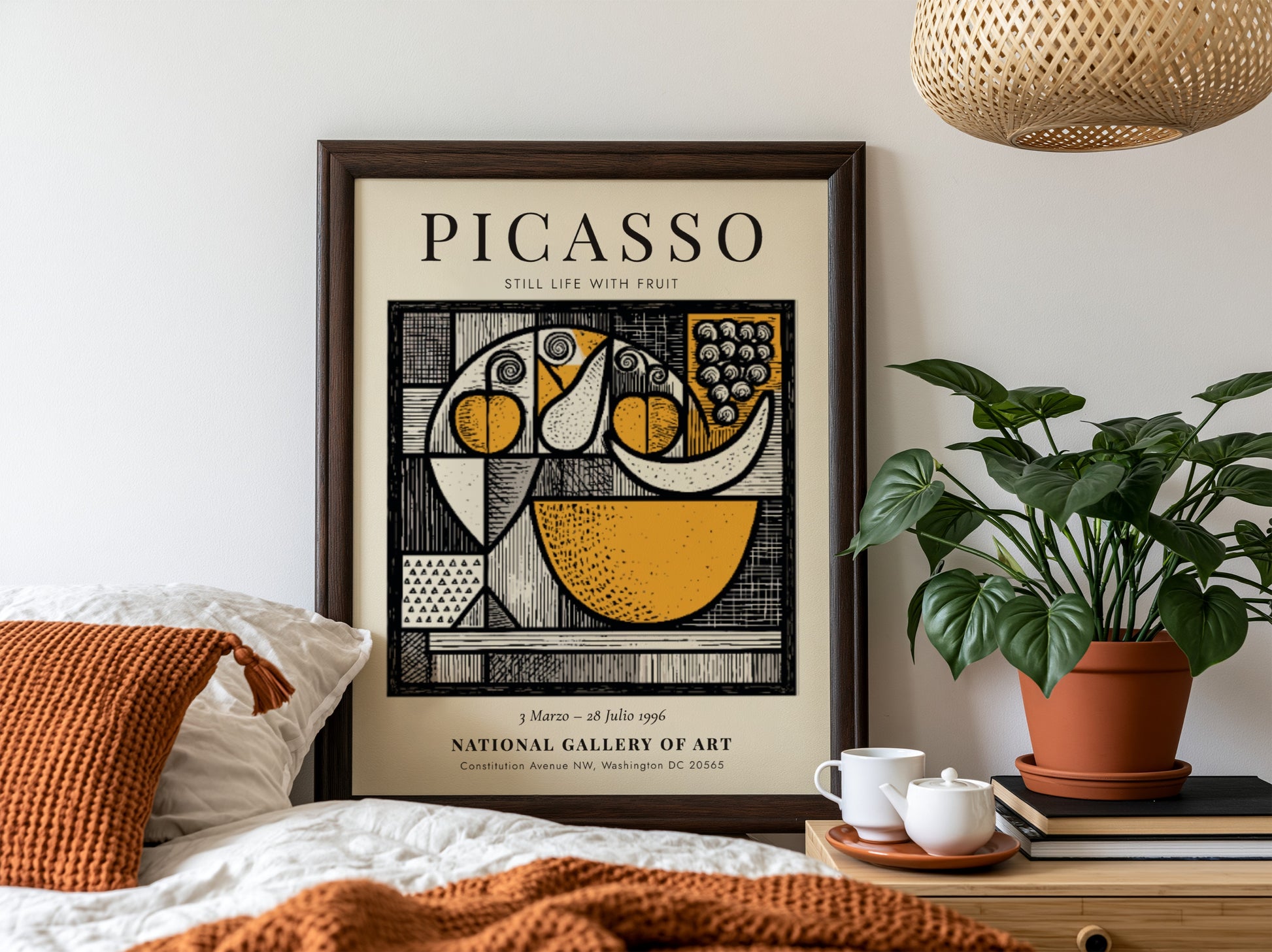 Picasso inspired poster featuring a still life with fruit in vibrant colors and modern style