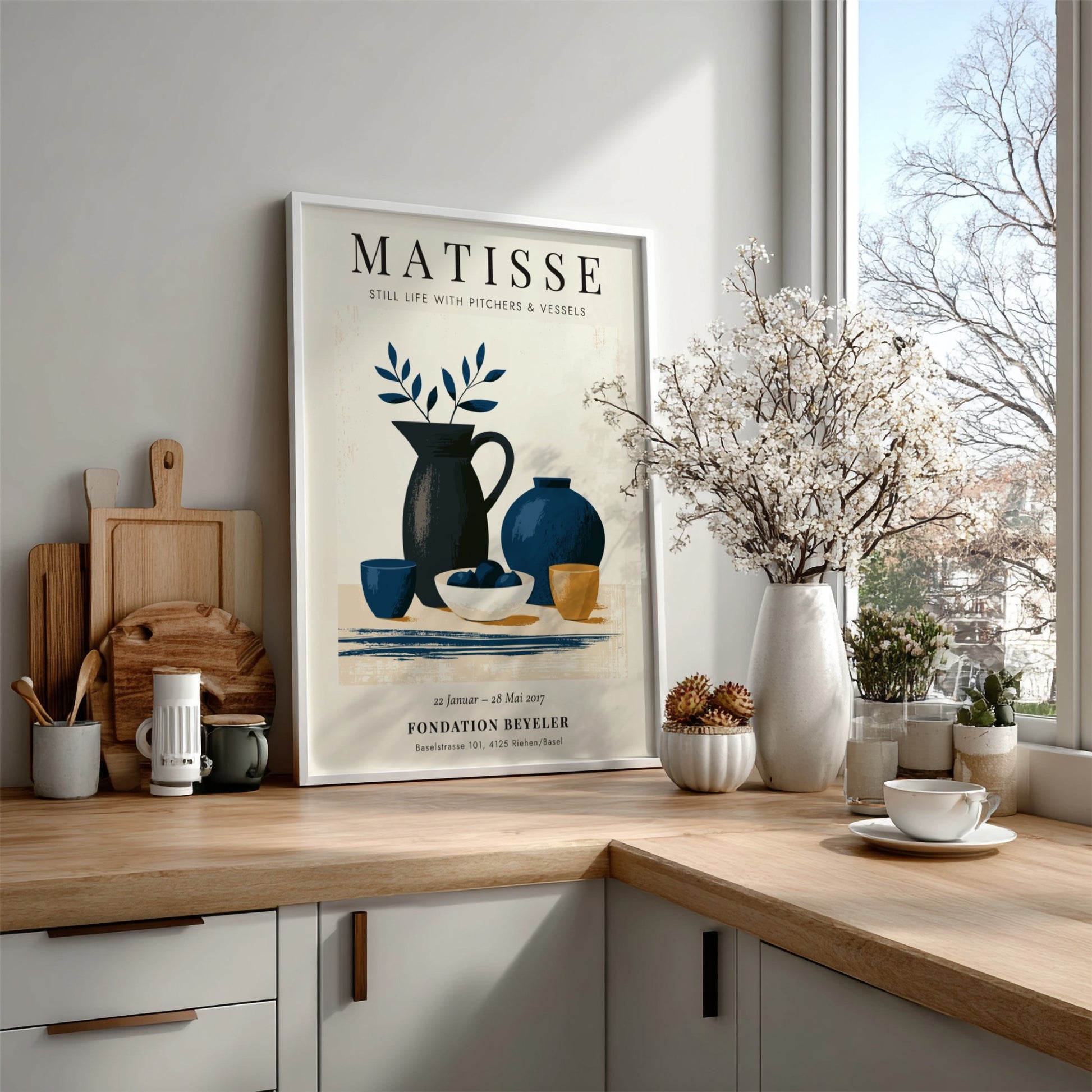 Henri Matisse poster featuring still life with pitchers in blue and earthy tones, modernist art for home decor
