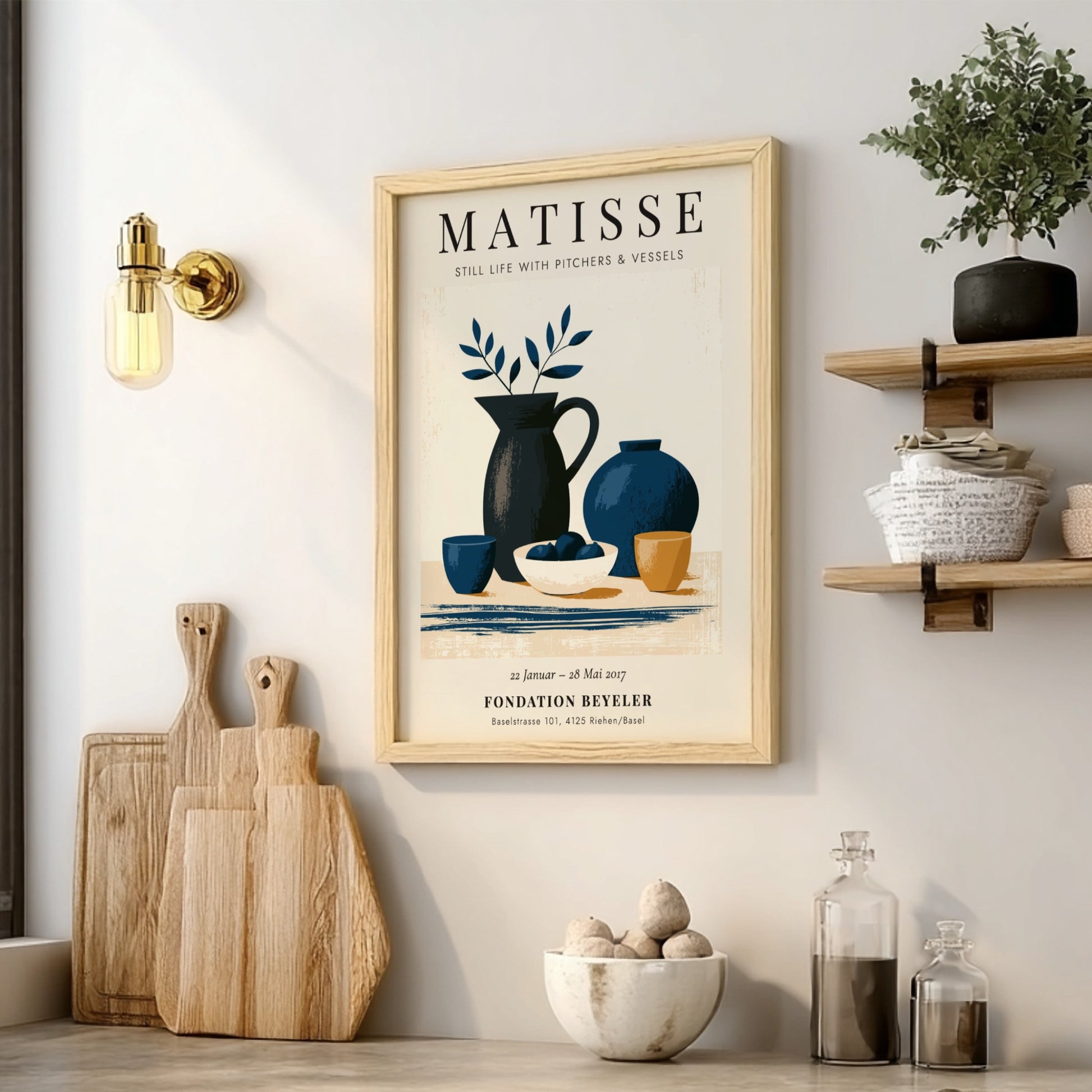 Henri Matisse poster featuring still life with pitchers in blue and earthy tones, modernist art for home decor