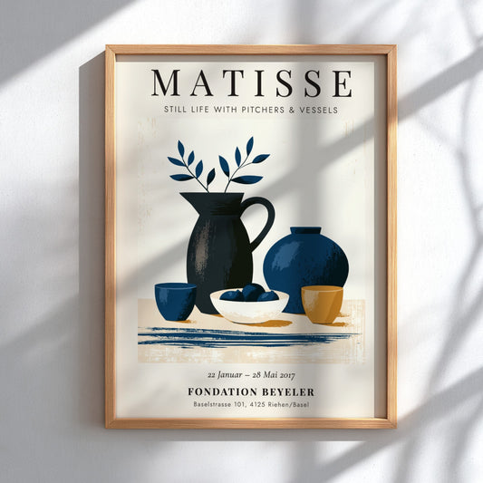 Henri Matisse poster featuring still life with pitchers in blue and earthy tones, modernist art for home decor