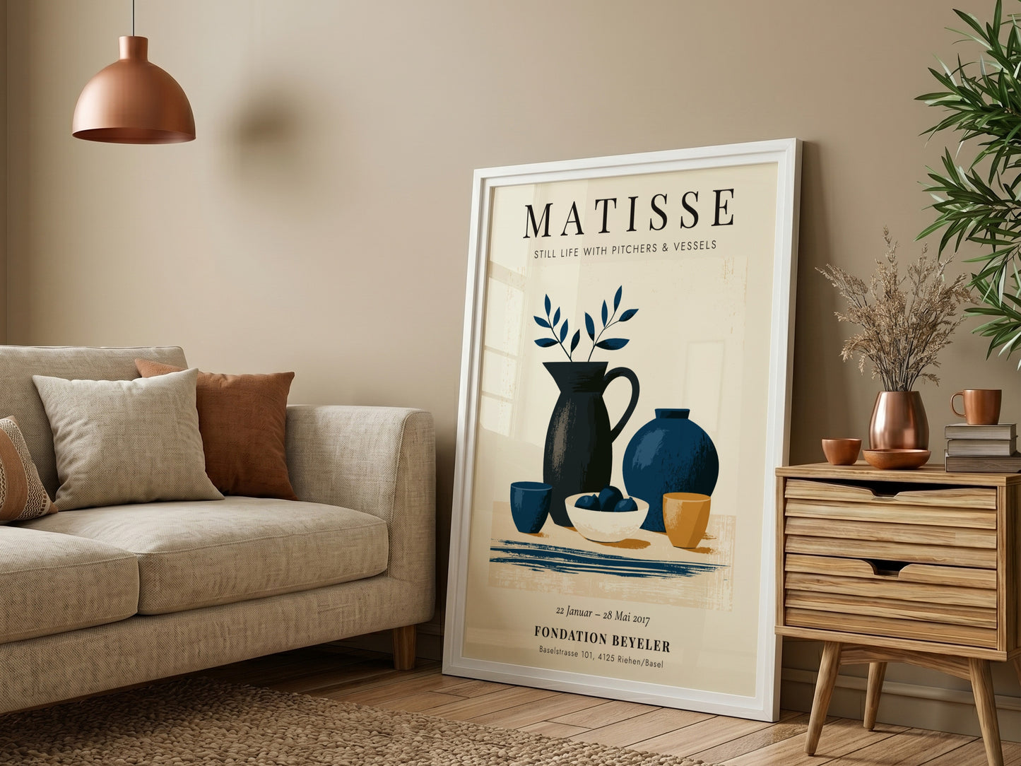 Henri Matisse poster featuring still life with pitchers in blue and earthy tones, modernist art for home decor