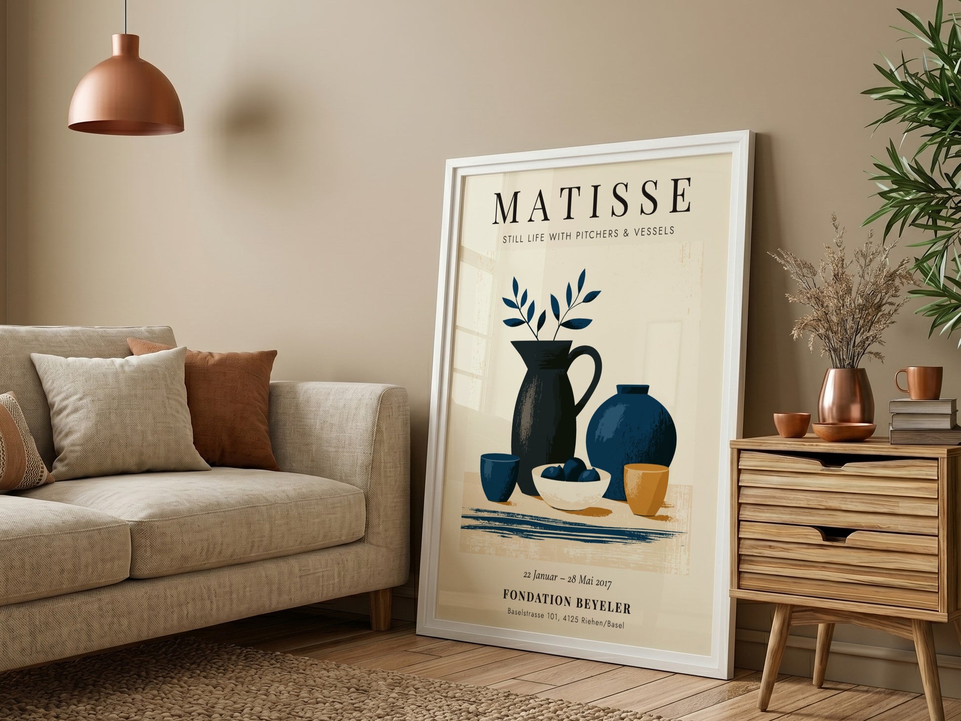 Henri Matisse poster featuring still life with pitchers in blue and earthy tones, modernist art for home decor