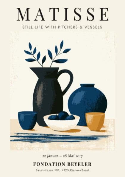 Henri Matisse poster featuring still life with pitchers in blue and earthy tones, modernist art for home decor