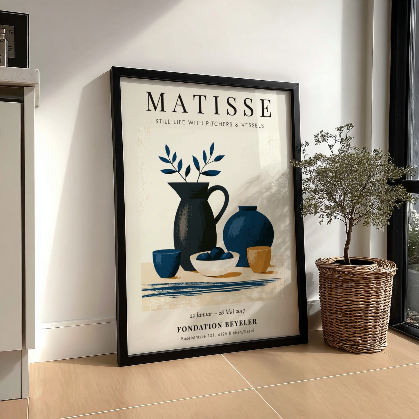 Henri Matisse poster featuring still life with pitchers in blue and earthy tones, modernist art for home decor