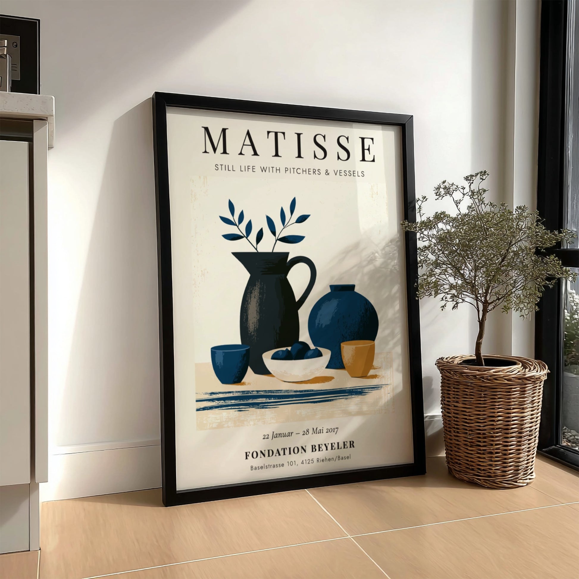 Henri Matisse poster featuring still life with pitchers in blue and earthy tones, modernist art for home decor
