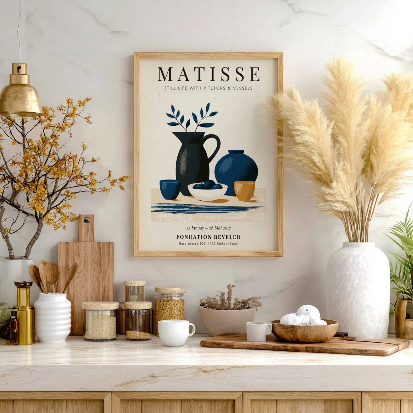 Henri Matisse poster featuring still life with pitchers in blue and earthy tones, modernist art for home decor