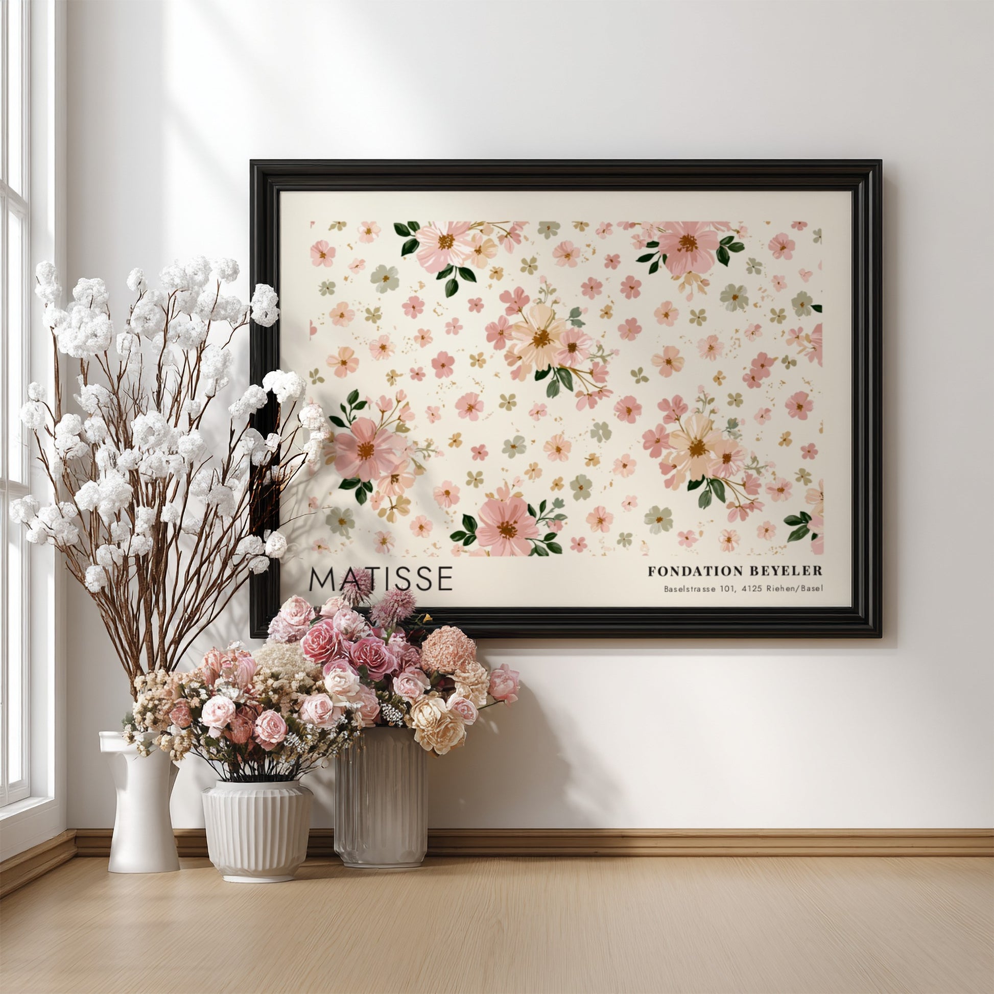 Wall art print featuring floral design by Matisse in soft pink and cream colors