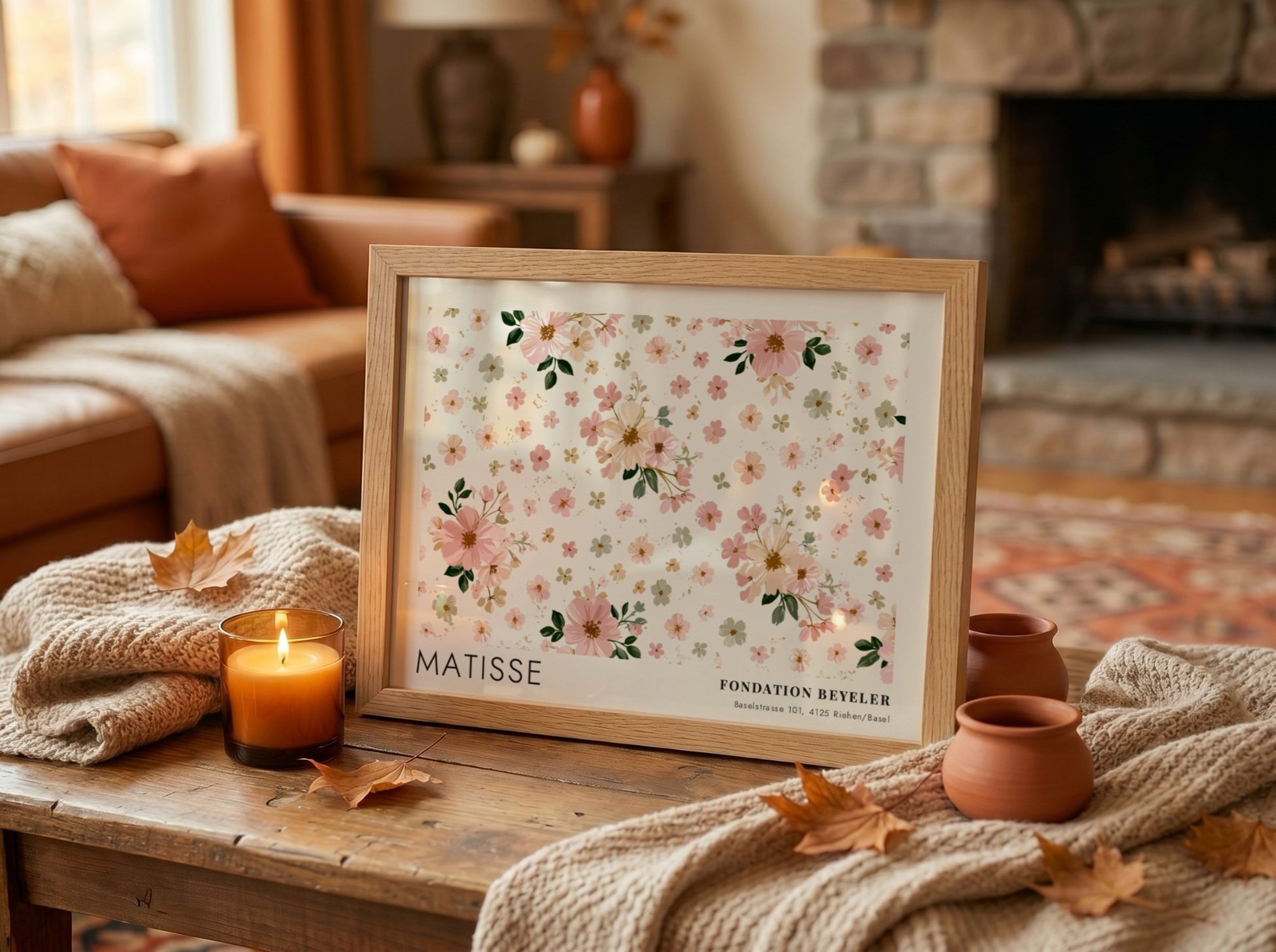 Wall art print featuring floral design by Matisse in soft pink and cream colors