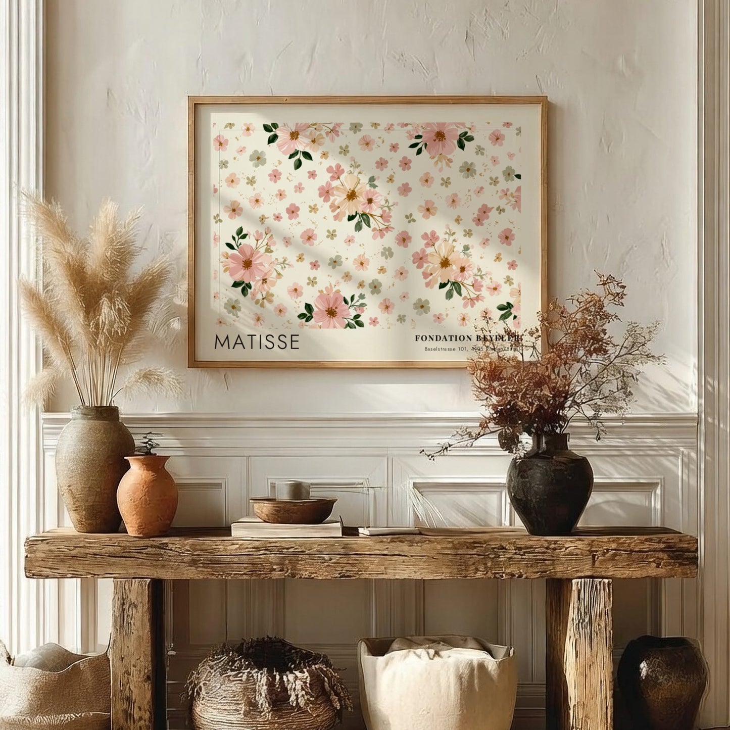 Wall art print featuring floral design by Matisse in soft pink and cream colors
