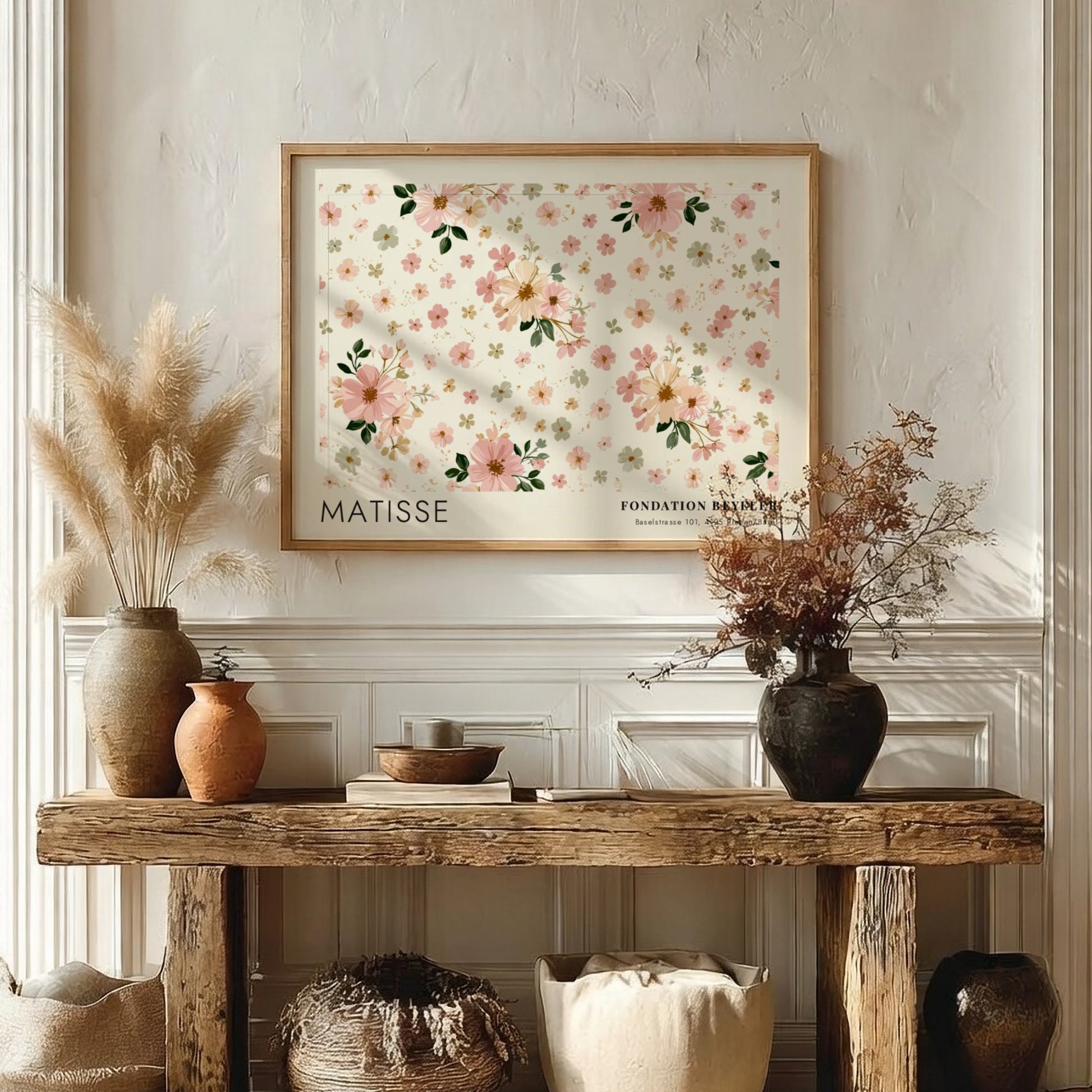 Wall art print featuring floral design by Matisse in soft pink and cream colors