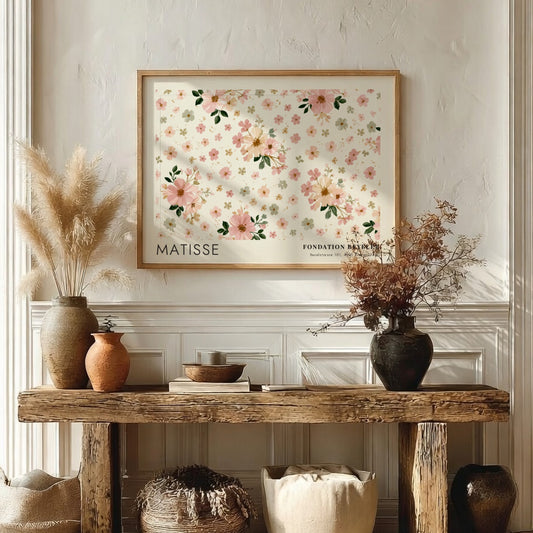 Wall art print featuring floral design by Matisse in soft pink and cream colors