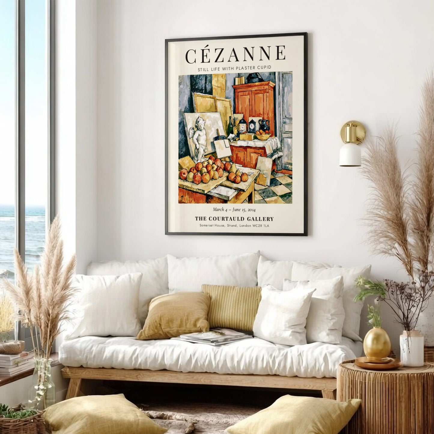 Cézanne exhibition poster featuring Still Life with Plaster Cupid, showcasing warm colors and detailed fruit
