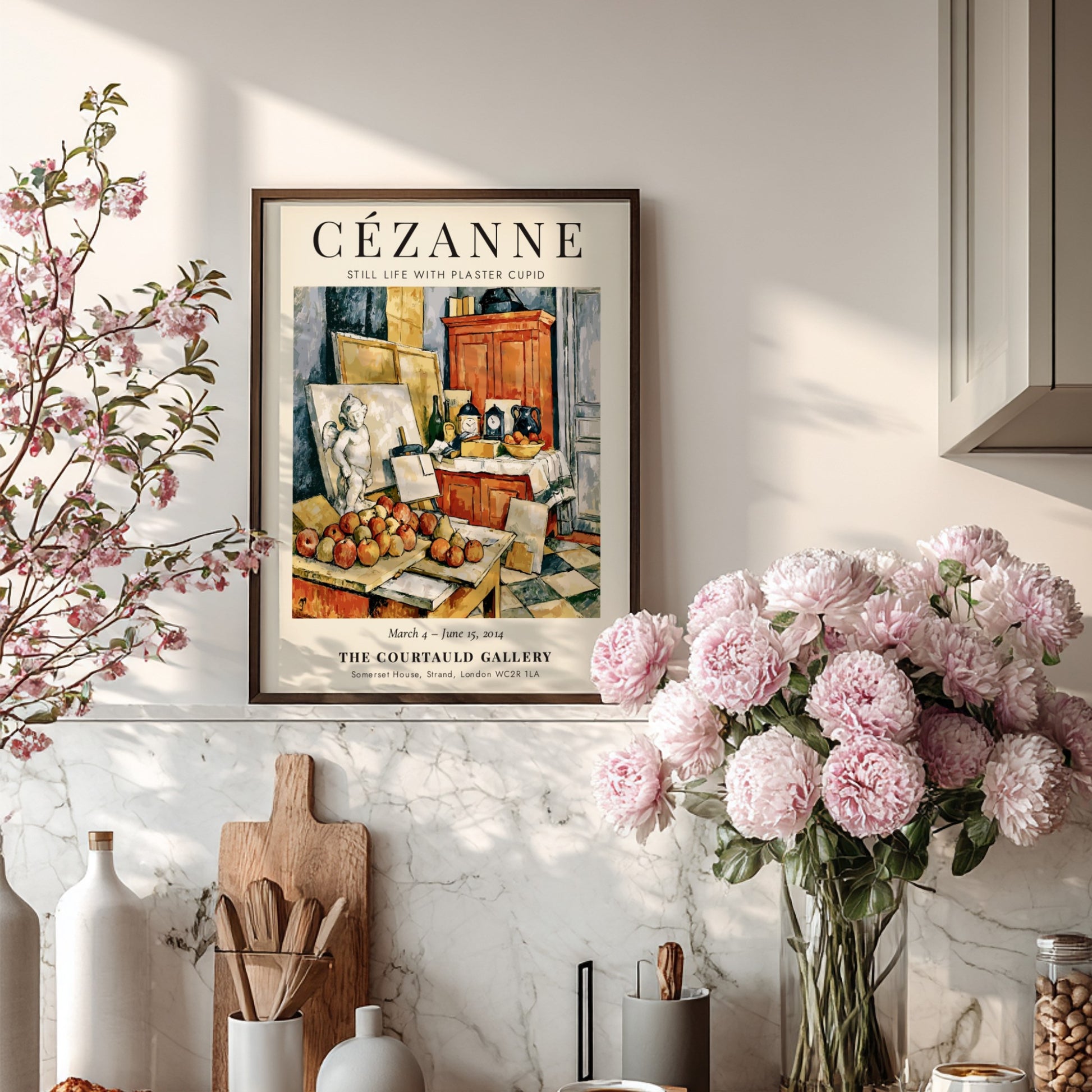 Cézanne exhibition poster featuring Still Life with Plaster Cupid, showcasing warm colors and detailed fruit