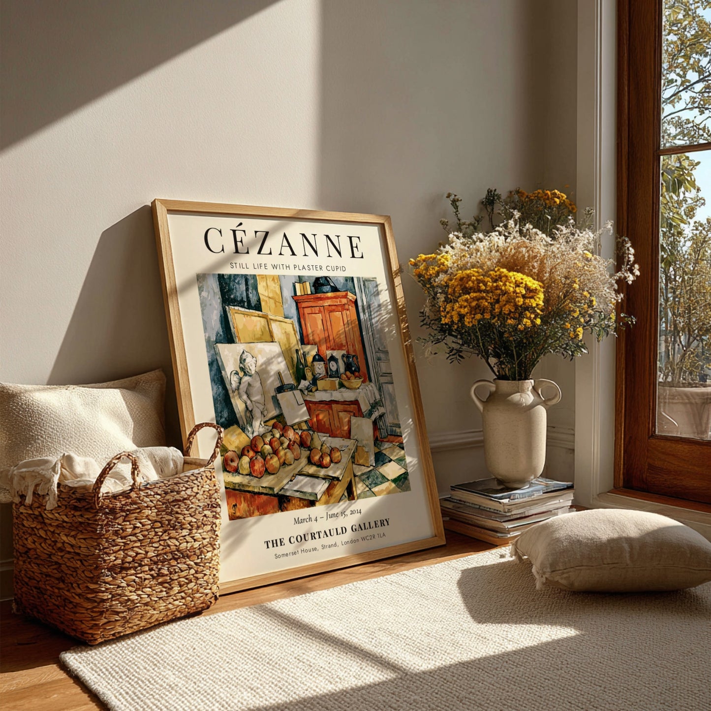 Cézanne exhibition poster featuring Still Life with Plaster Cupid, showcasing warm colors and detailed fruit