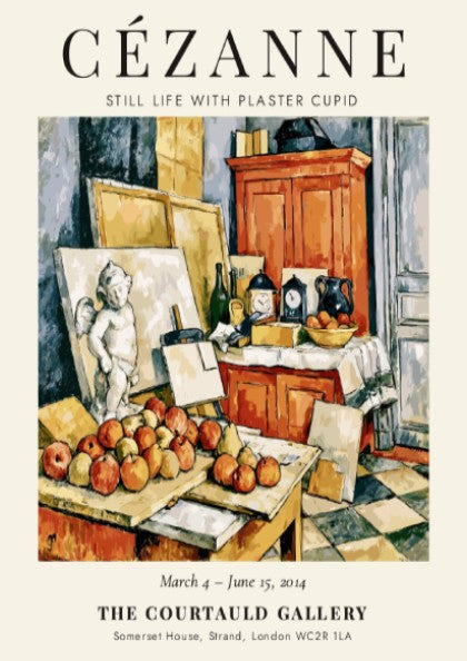 Cézanne exhibition poster featuring Still Life with Plaster Cupid, showcasing warm colors and detailed fruit