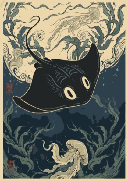 Poster of a black stingray swimming through deep blue water with jellyfish and seaweed.