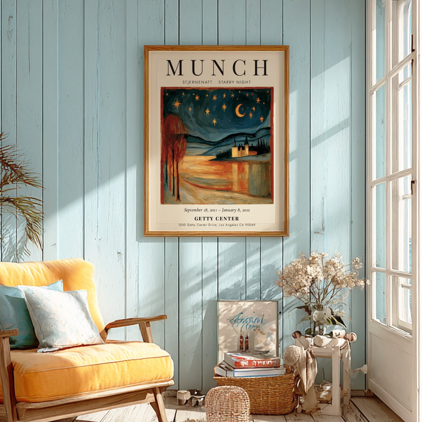 Stjernenatt Starry Night poster by Edvard Munch, featuring a vibrant night sky with stars and a serene