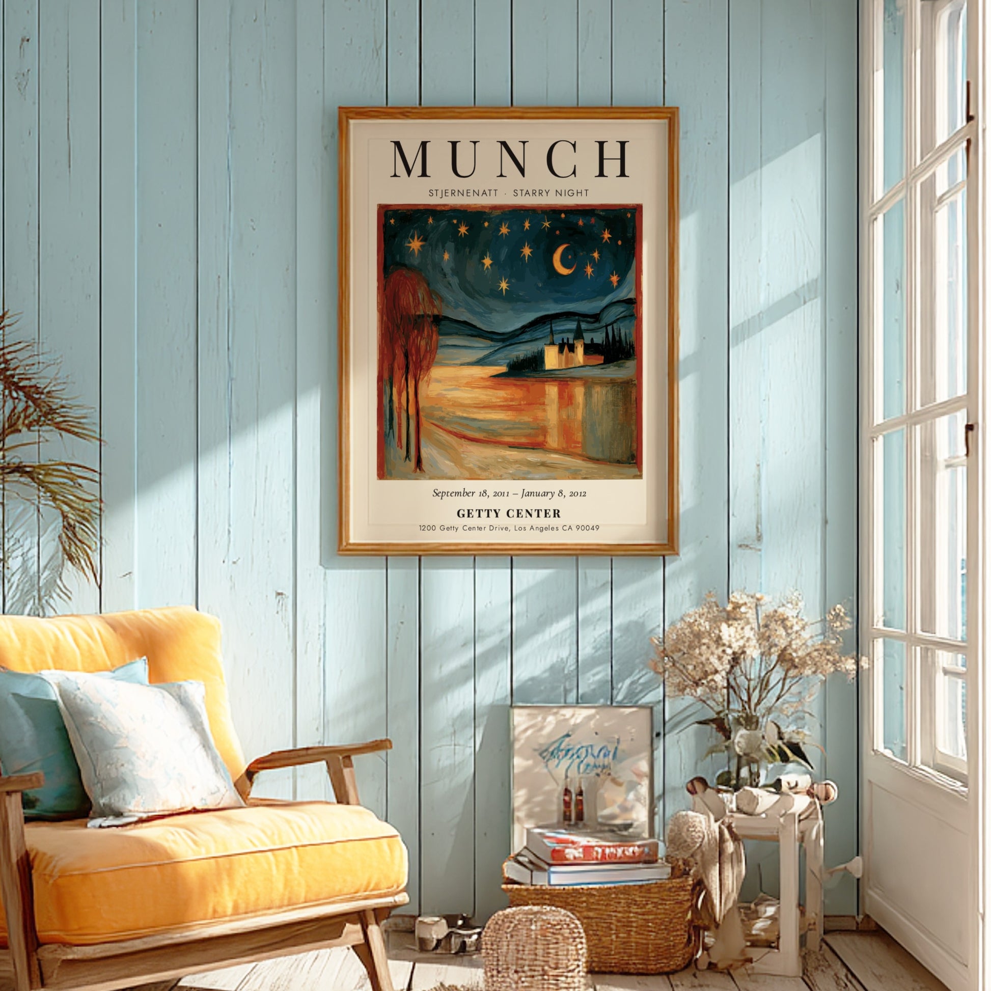 Stjernenatt Starry Night poster by Edvard Munch, featuring a vibrant night sky with stars and a serene