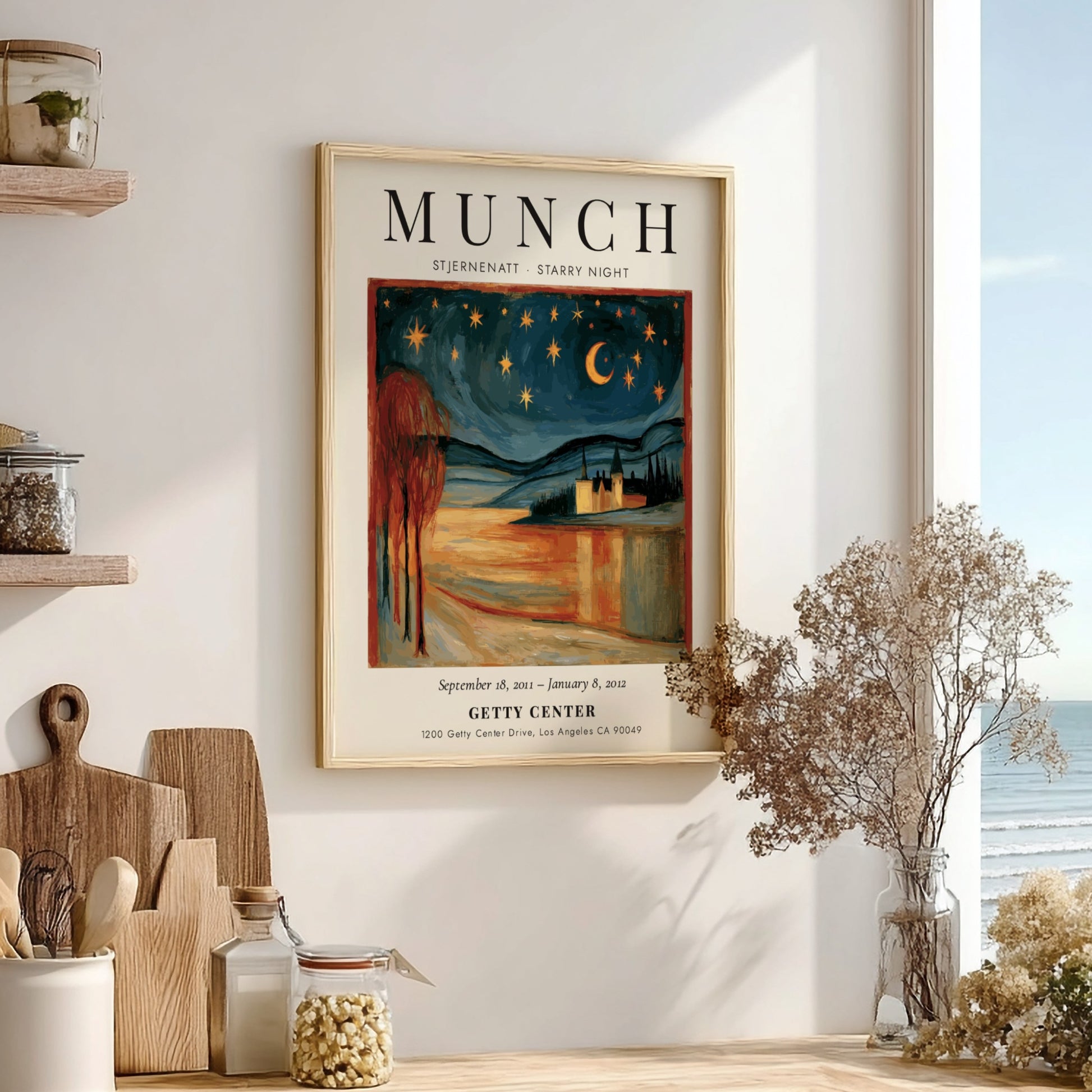 Stjernenatt Starry Night poster by Edvard Munch, featuring a vibrant night sky with stars and a serene