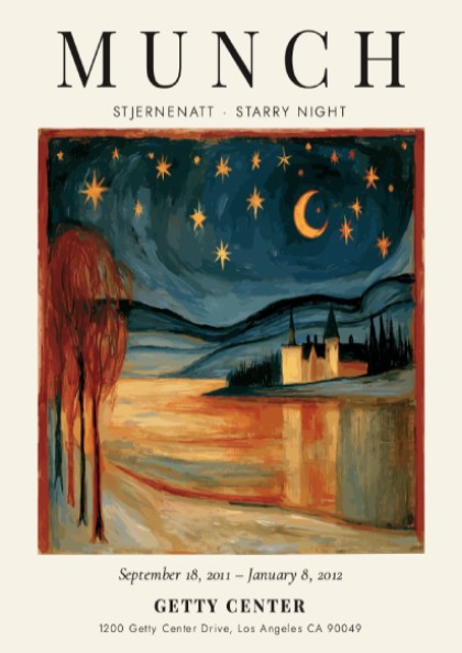 Stjernenatt Starry Night poster by Edvard Munch, featuring a vibrant night sky with stars and a serene