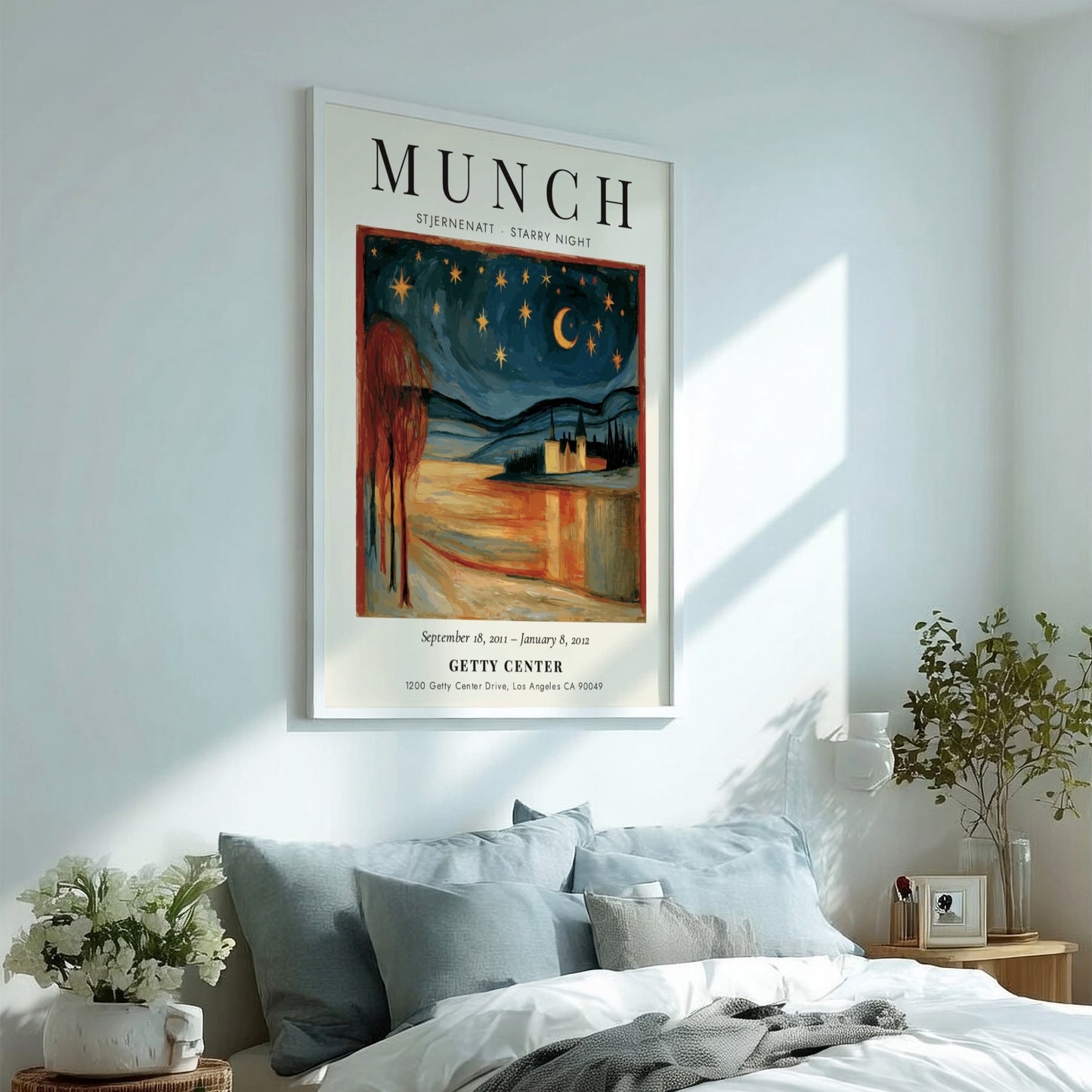 Stjernenatt Starry Night poster by Edvard Munch, featuring a vibrant night sky with stars and a serene
