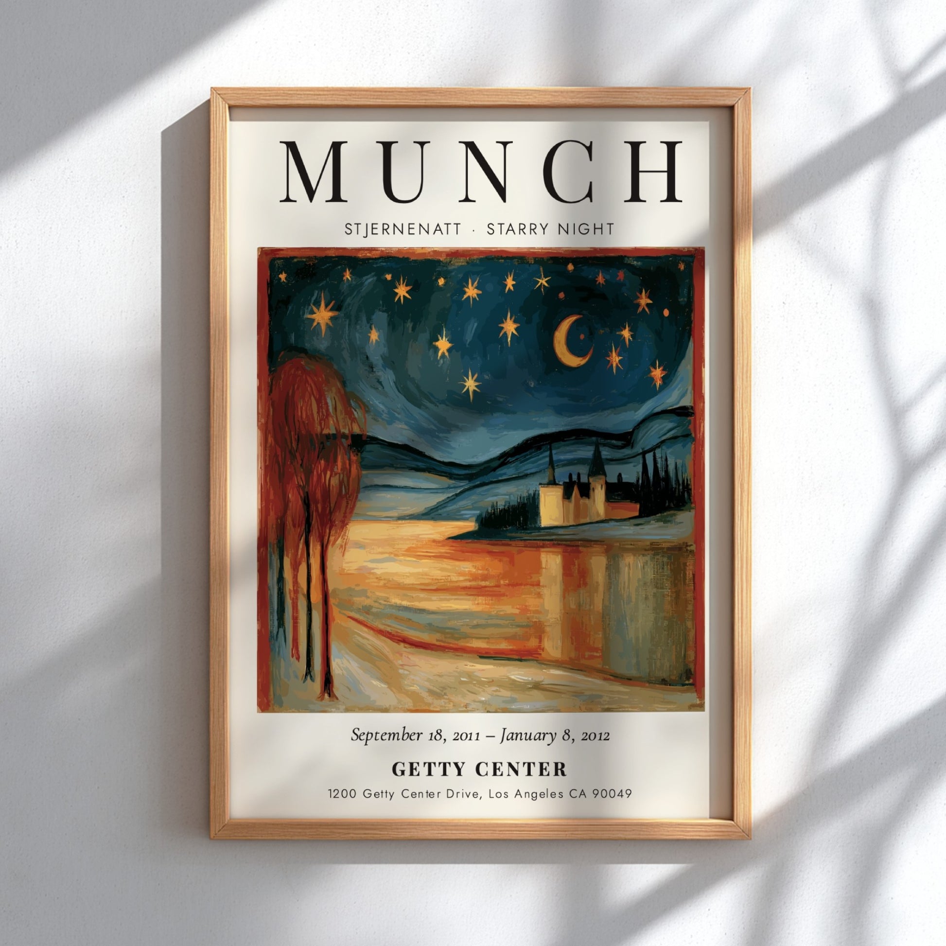 Stjernenatt Starry Night poster by Edvard Munch, featuring a vibrant night sky with stars and a serene