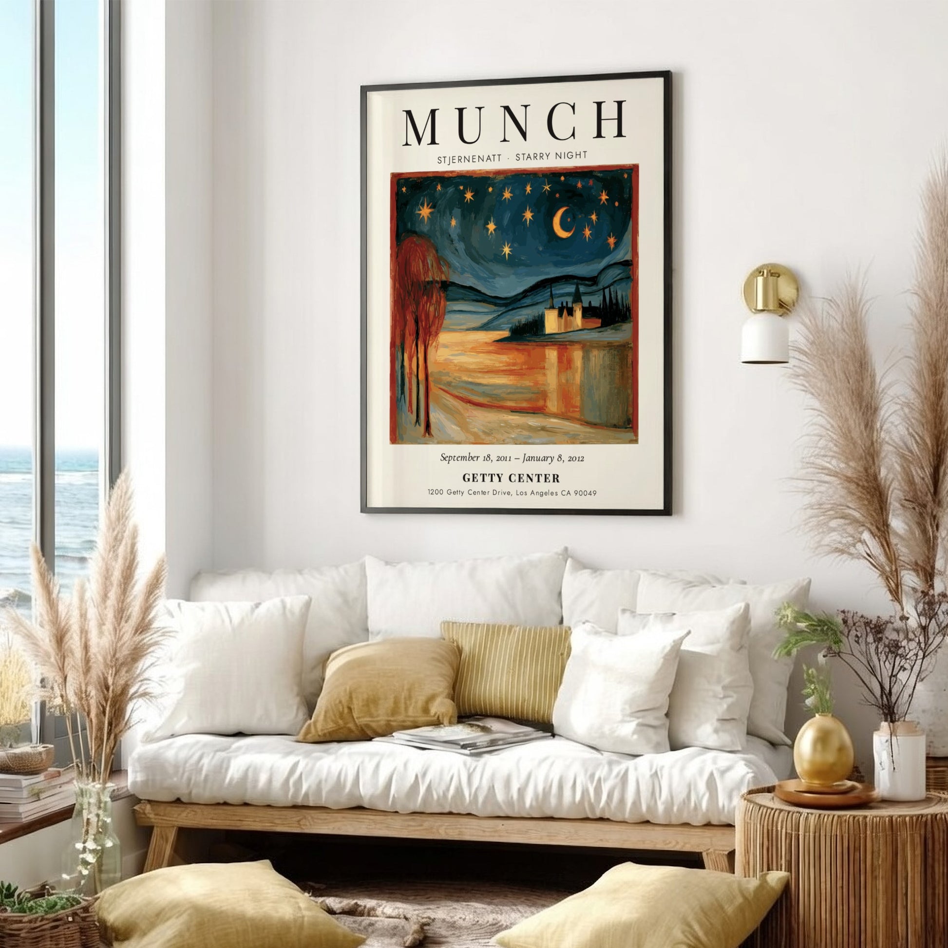 Stjernenatt Starry Night poster by Edvard Munch, featuring a vibrant night sky with stars and a serene
