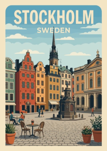 Stockholm Sweden travel poster featuring colourful old town buildings and a stone fountain.